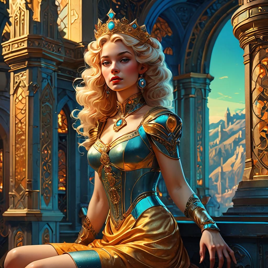 Medieval Princess in Retro-Futuristic Art Nouveau Style