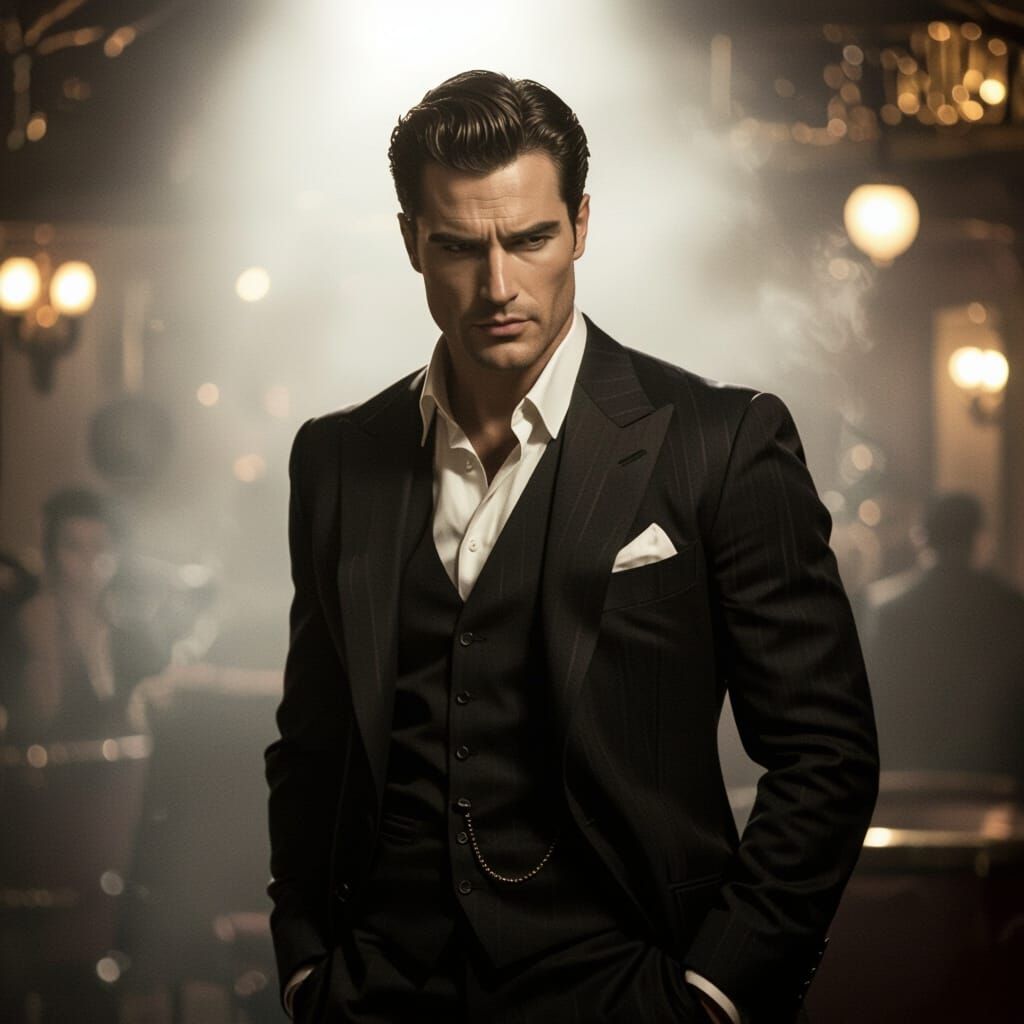 Muscular Man in Vintage Suit in Parisian Cabaret