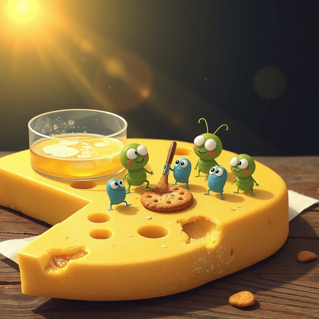 Googly-Eyed Microbes Picnic on Cheese Slice