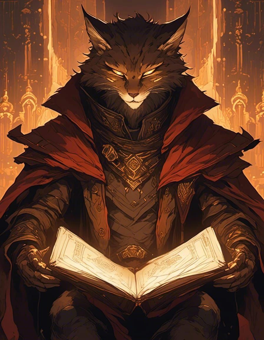 Catfolk Mage with Grimoire in Fantasy Graphic Style