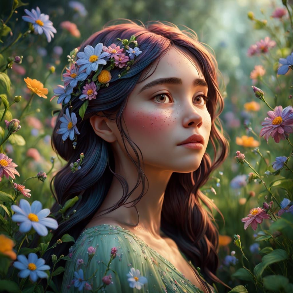 Ethereal Floral Goddess in a Vibrant Lush Forest