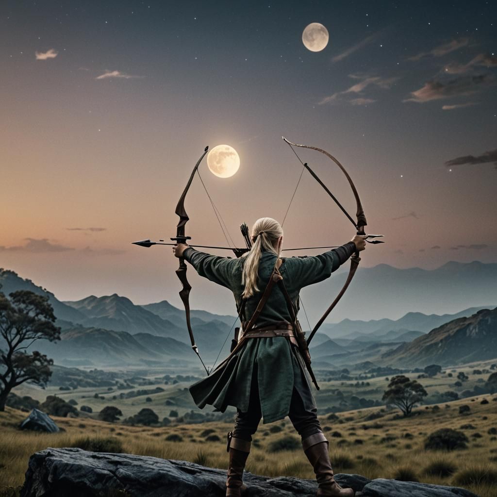 Legolas Shoots Arrow in Full Moon Landscape