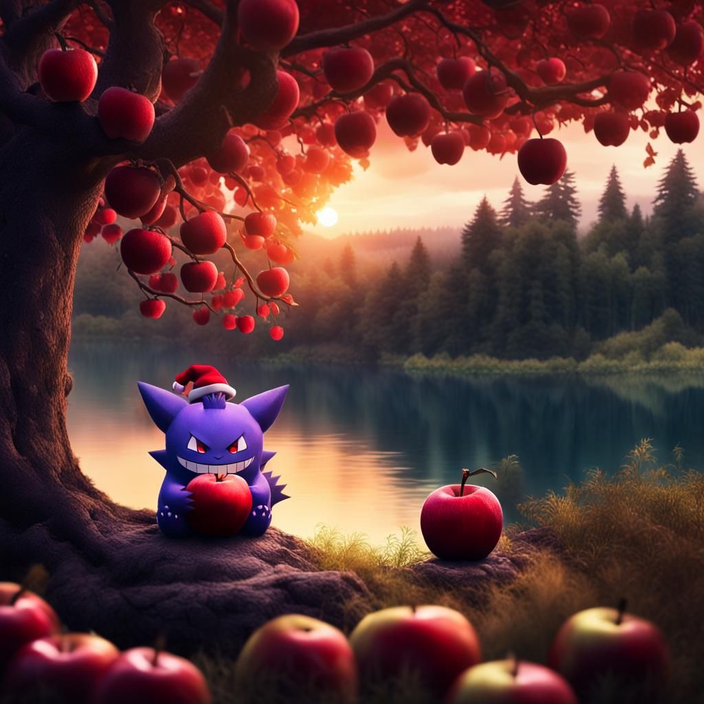 Cute Gengar with Apple in Forest at Sunset