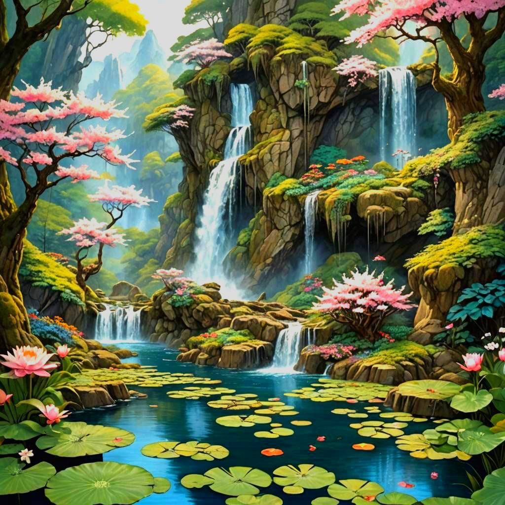 Dragon's Cave Hidden Behind Waterfall in Cherry Forest