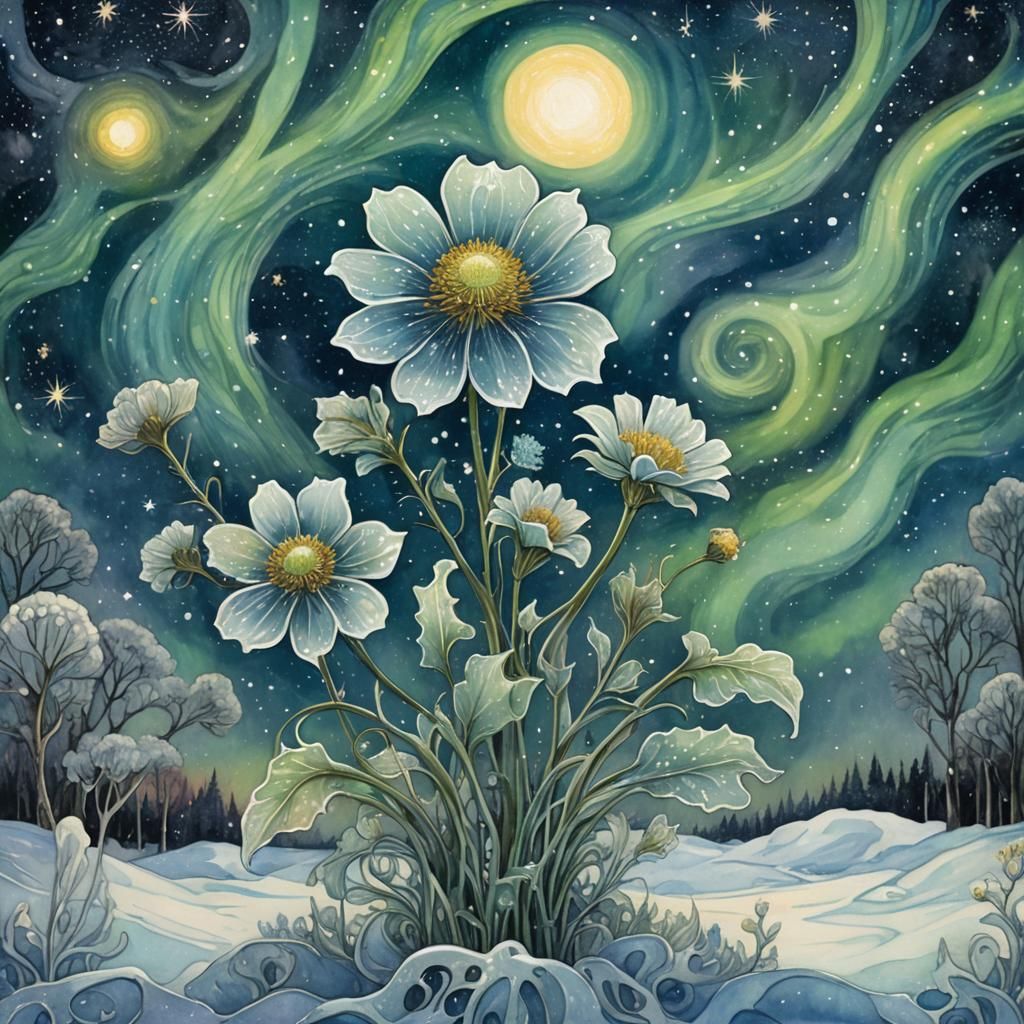 Icy Art Nouveau Flower Under Aurora Borealis