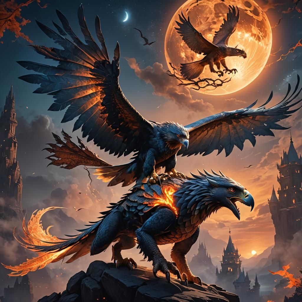 Hawk and Dragon Soaring Under a Fantasy Moon