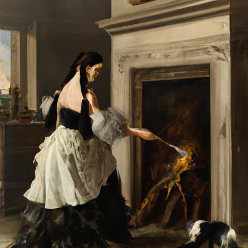 Reptile Maid by Fireplace in Oil Painting Style