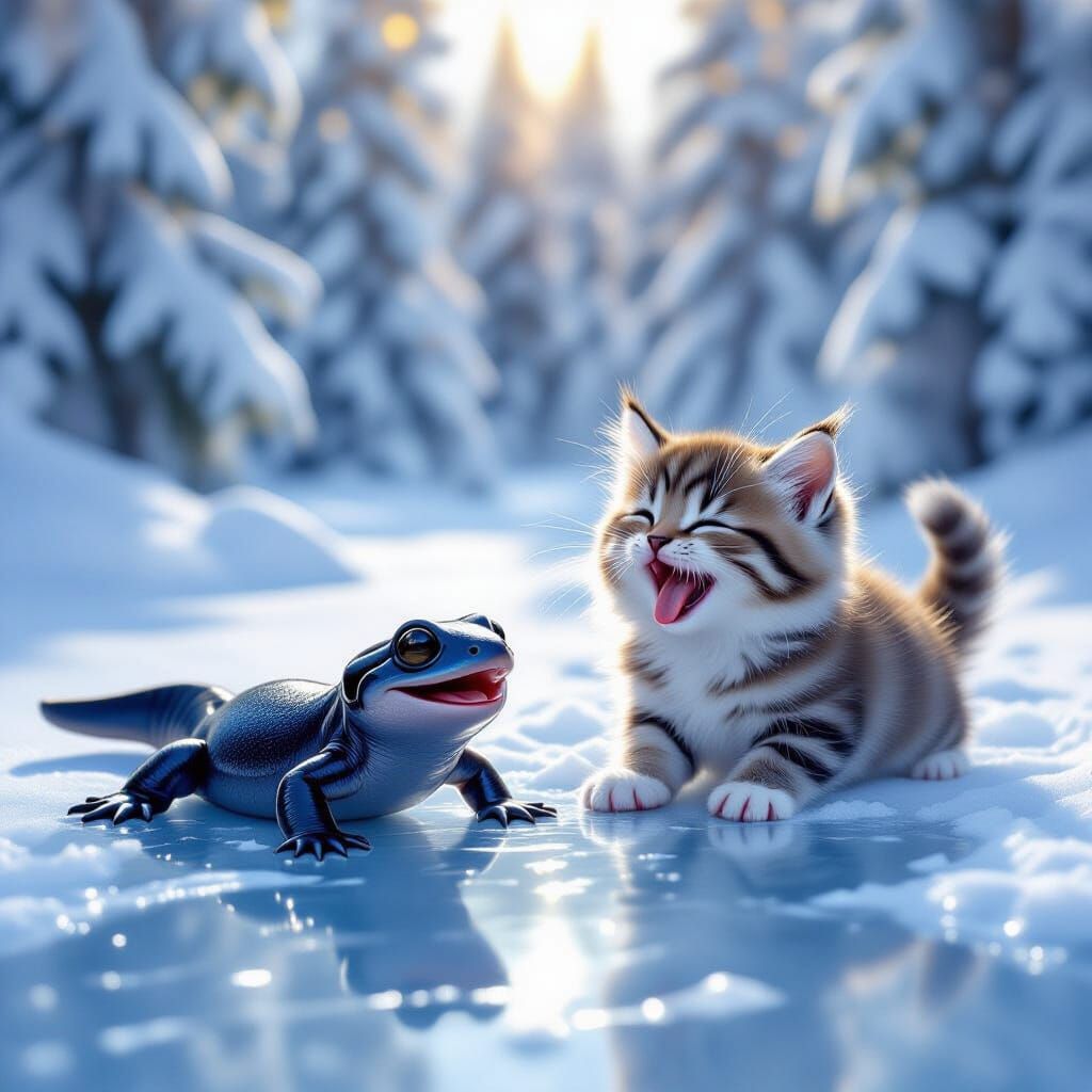 Cute Salamander and Kitten Play on Snowy Ice Rink