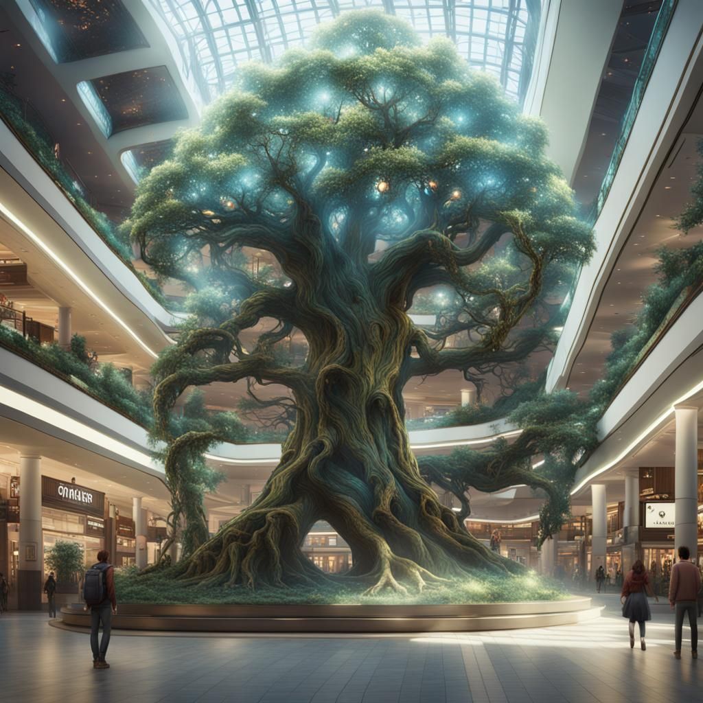 Ethereal Tree Overgrows Shopping Mall: Fantasy Concept Art