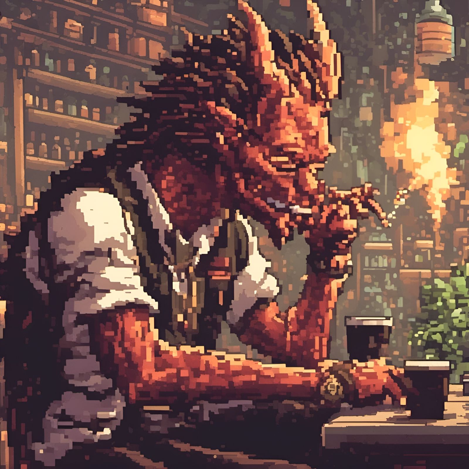 Satan at Starbucks in Pixel Art Style