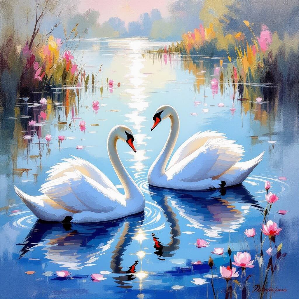 Swans on Glistening River: Impressionistic Bird's-Eye View