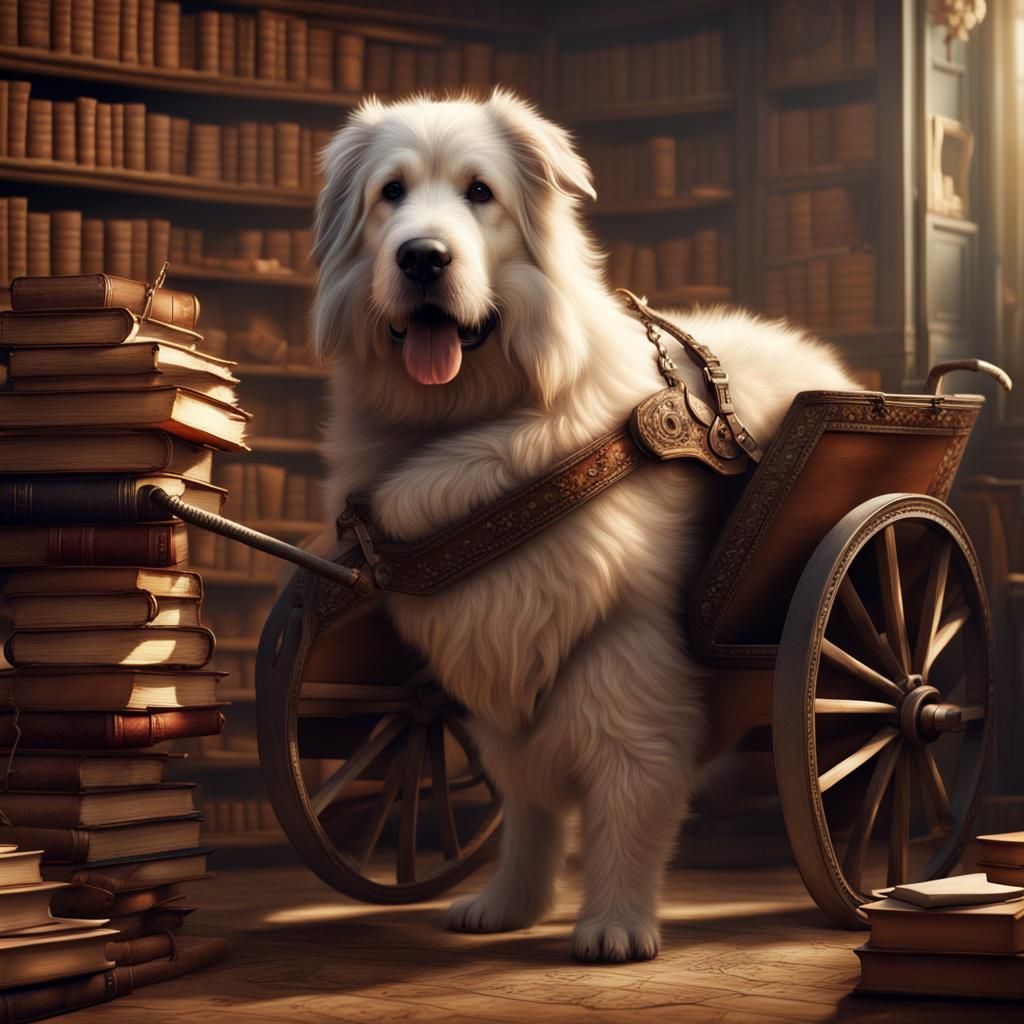 Fluffy Dog Pulling Book Cart: Digital Matte Painting