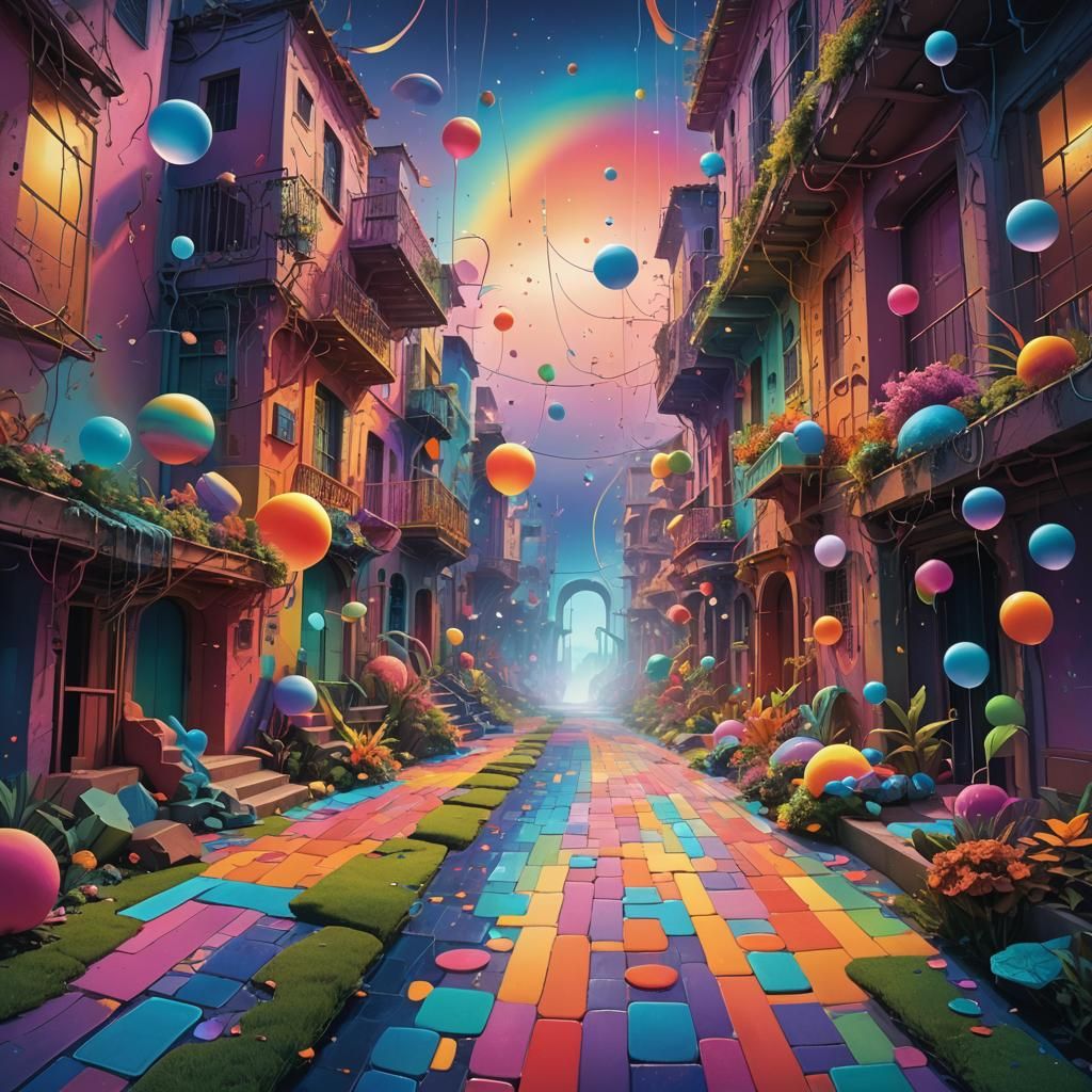 Dreamlike Surrealism with Rainbow Paths and Floating Objects