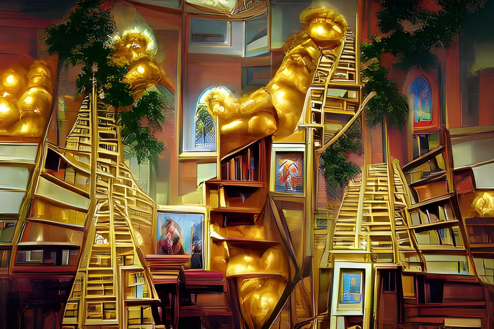 Golden Staircase in Library, Fantasy Painting