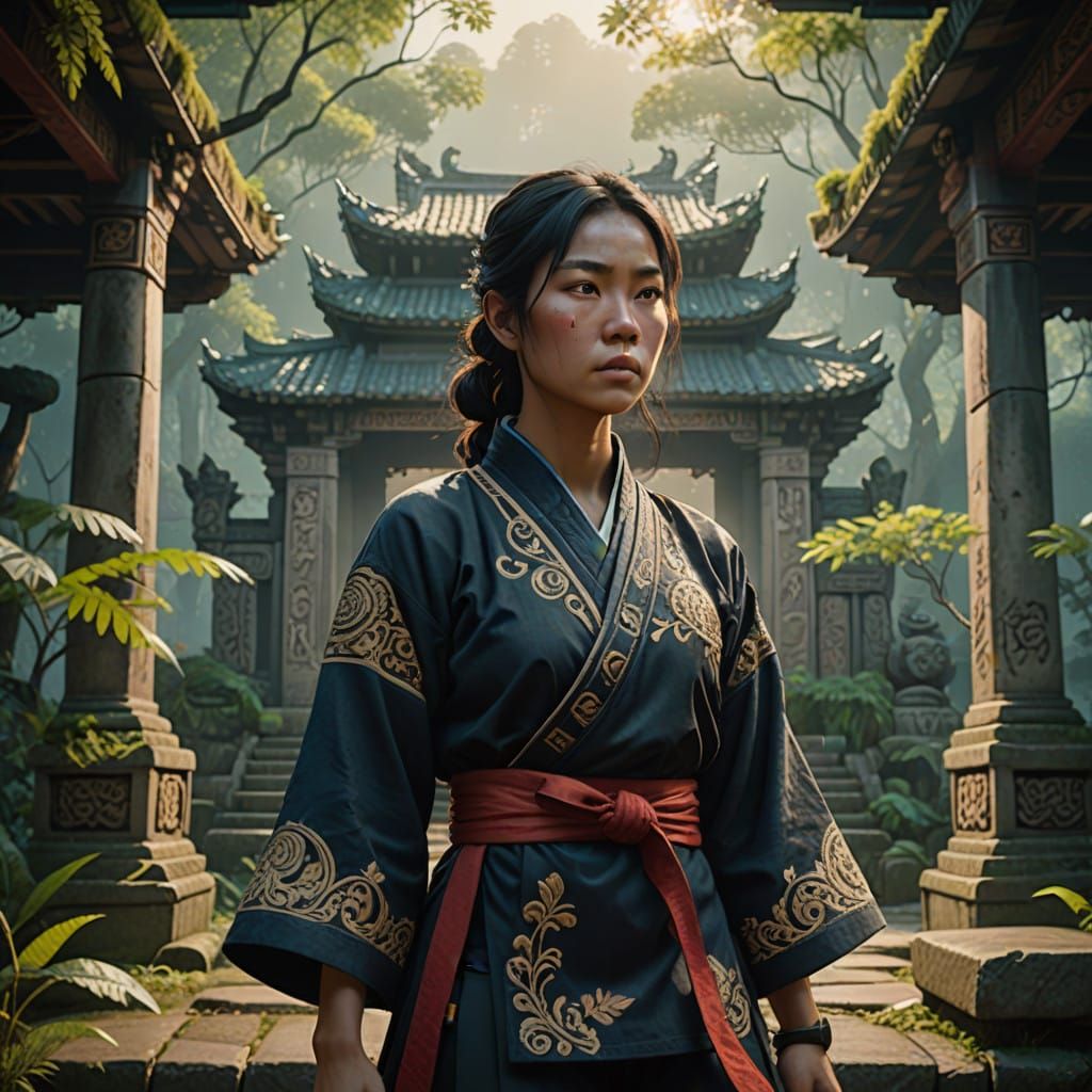 Ethereal Warrior in Ancient Temple Sanctuary