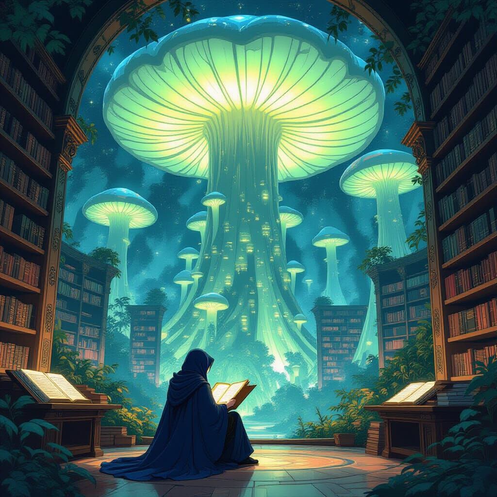 Ancient Mushroom Library Art Nouveau Anime Illustration