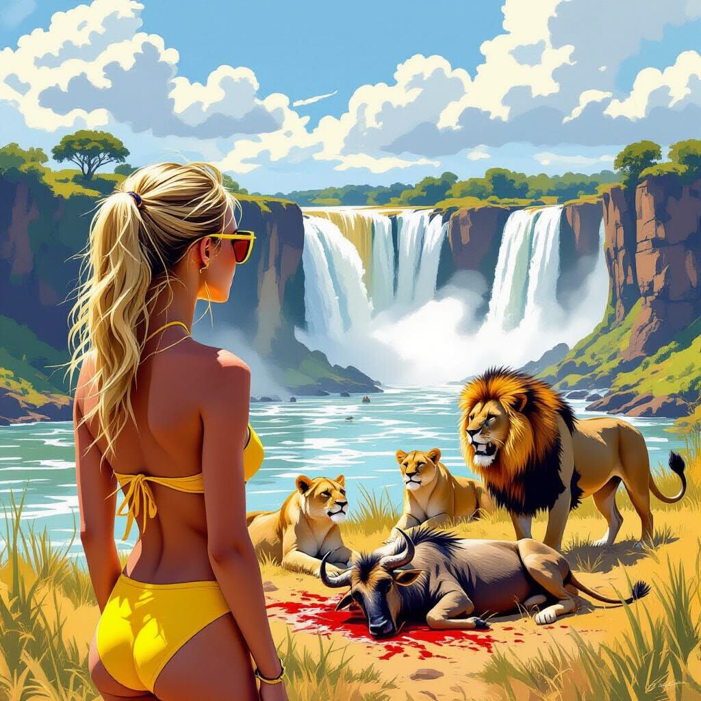Victoria Falls Scene with Lions, Digital Art
