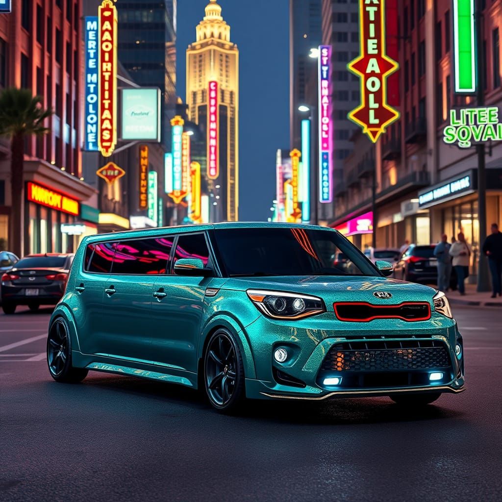 Teal Kia Soul Limousine in San Antonio Nightscape