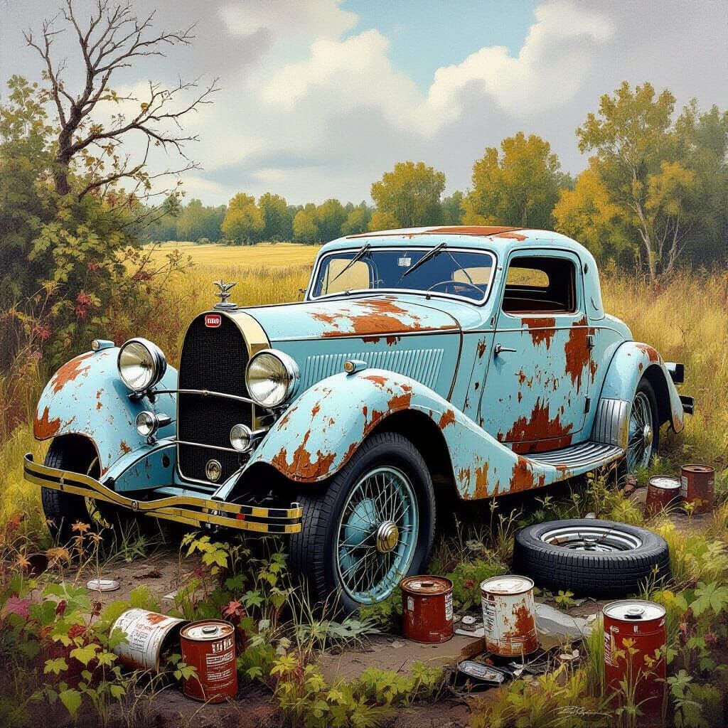 Abandoned Bugatti Type 55 in Expressive Oil Painting Style