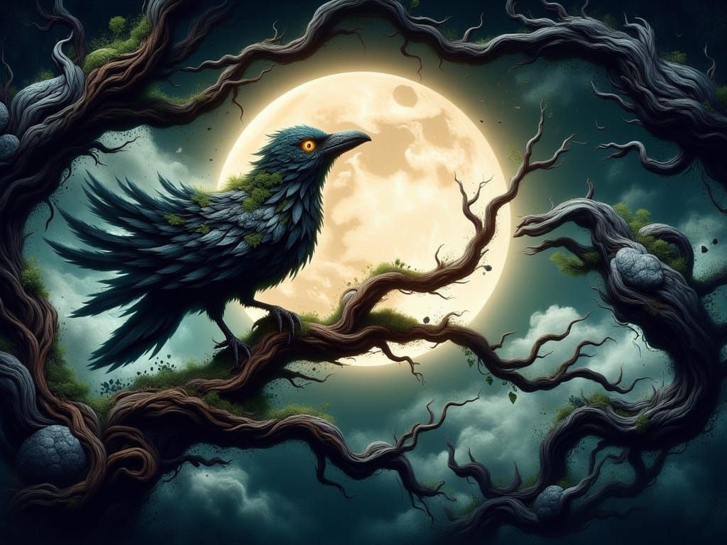 Wooden Raven in Moonlight, Art Nouveau Style