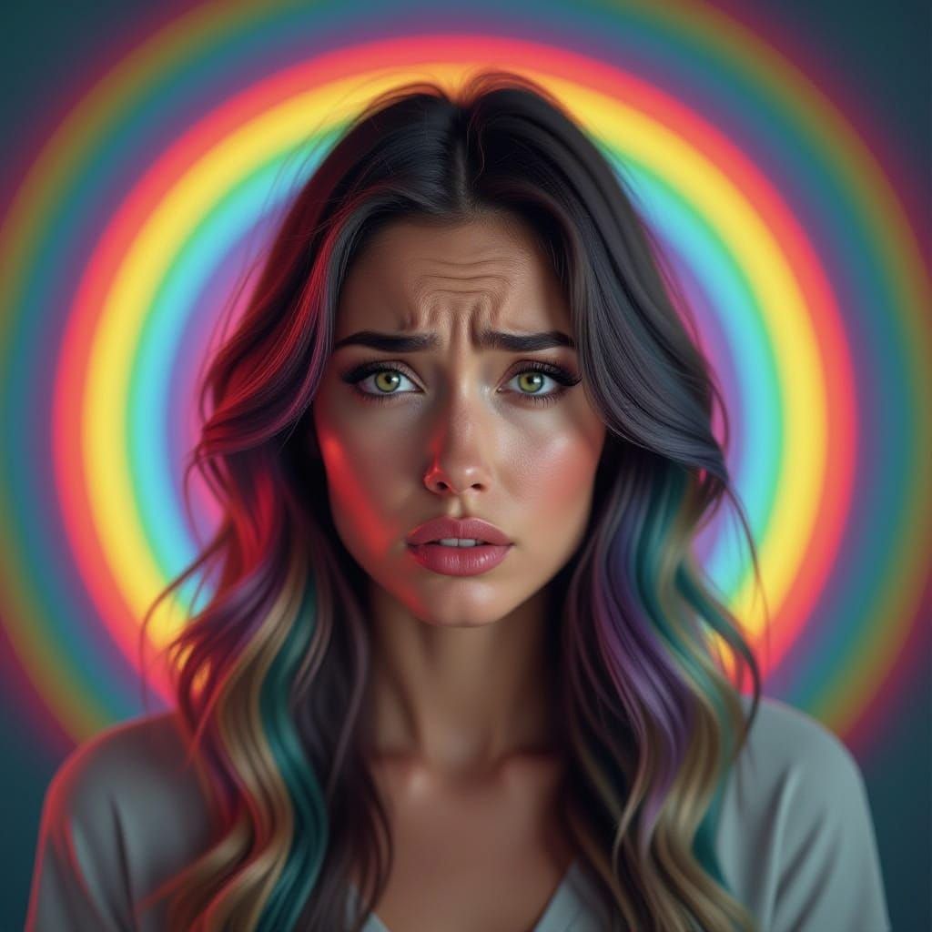 Woman With Rainbow Hair Shows Anxiety In Surreal Portrait