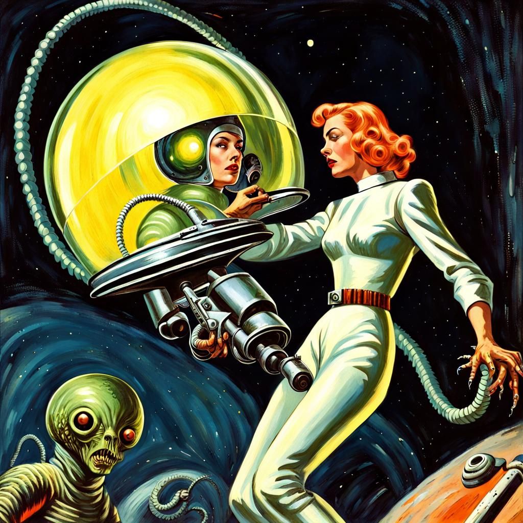 Retro Sci-Fi Spacesuit Encounter with Alien