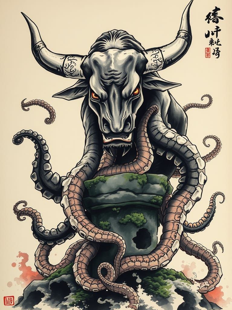 Mysterious Ushi-Tako Gyuki Yokai Emerges from Ink Wash Shado...