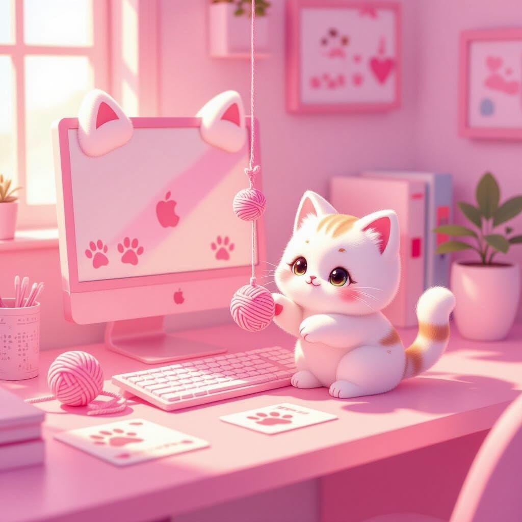 Cute Kawaii Cat Desk with Pastel Pink Computer
