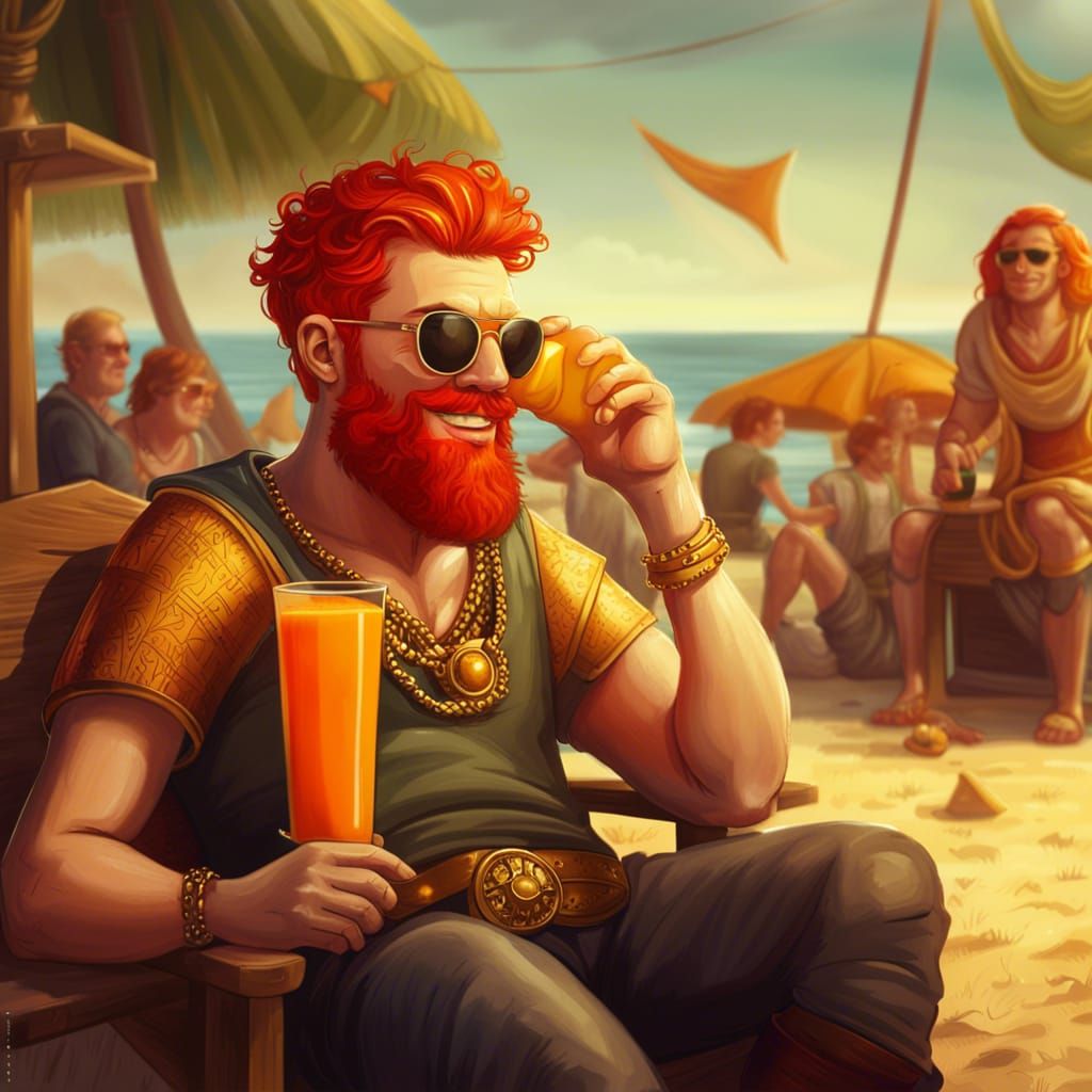 Happy Man on Beach: Medieval 2D Illustration