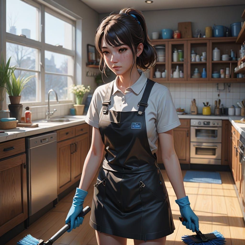 Anime Girl Freaks Out While Cleaning in 3D Art Style