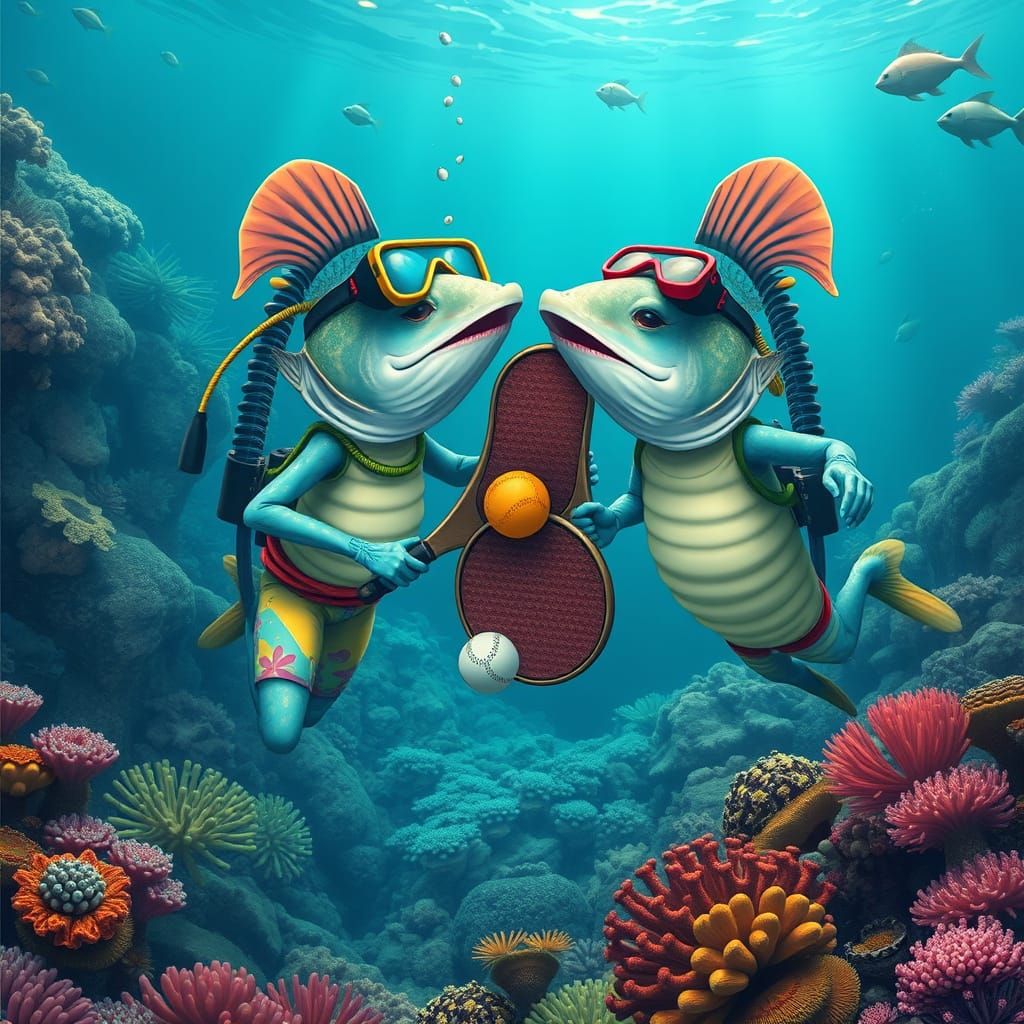 Swordfish Play Pickleball Underwater: Whimsical Scene