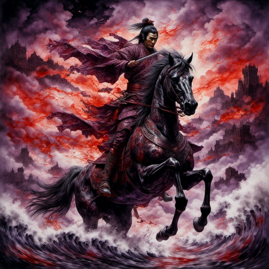 Samurai on Flaming Horse Double Exposure Portrait