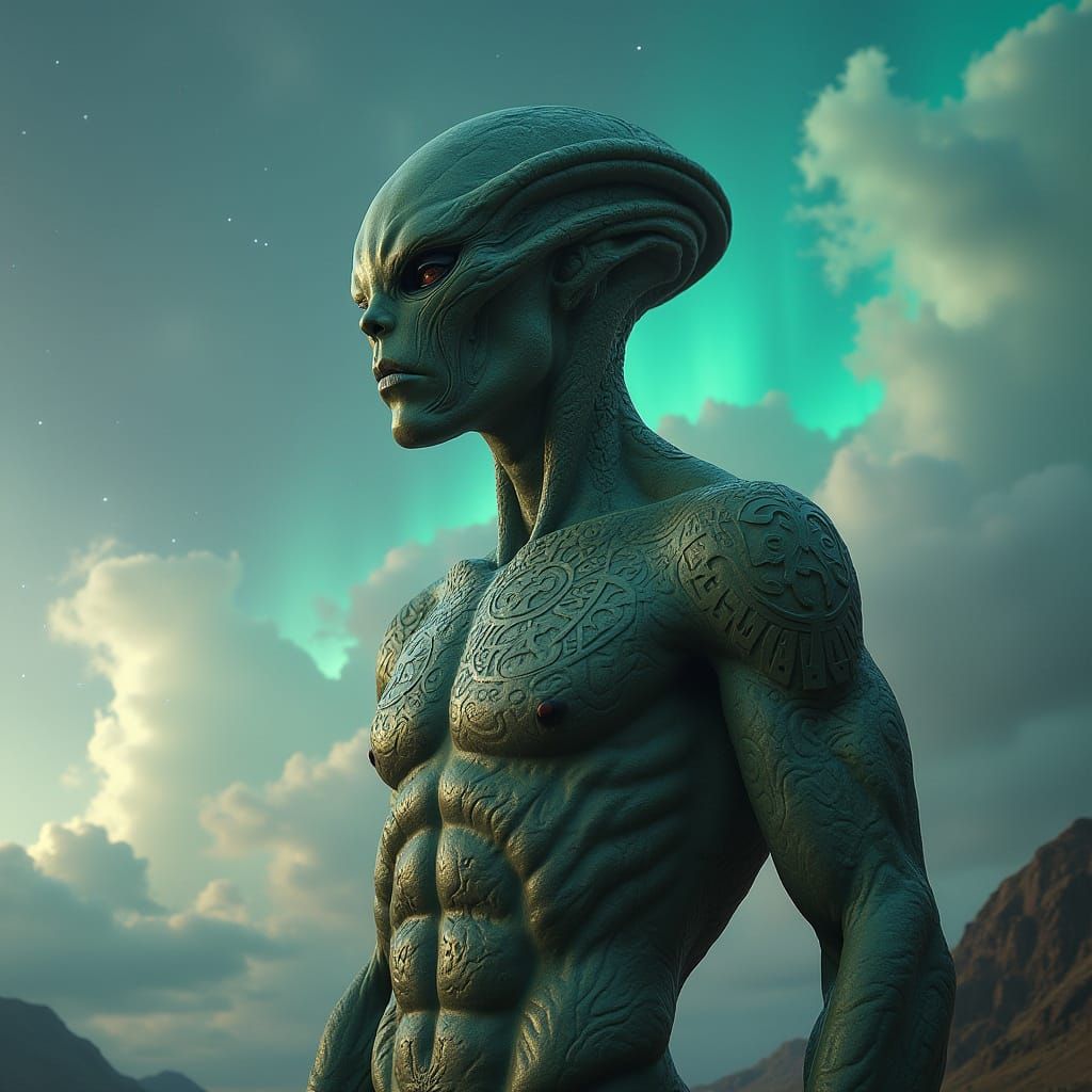 Surreal Alien Warrior in Viking-Inspired Armor with Celestia...