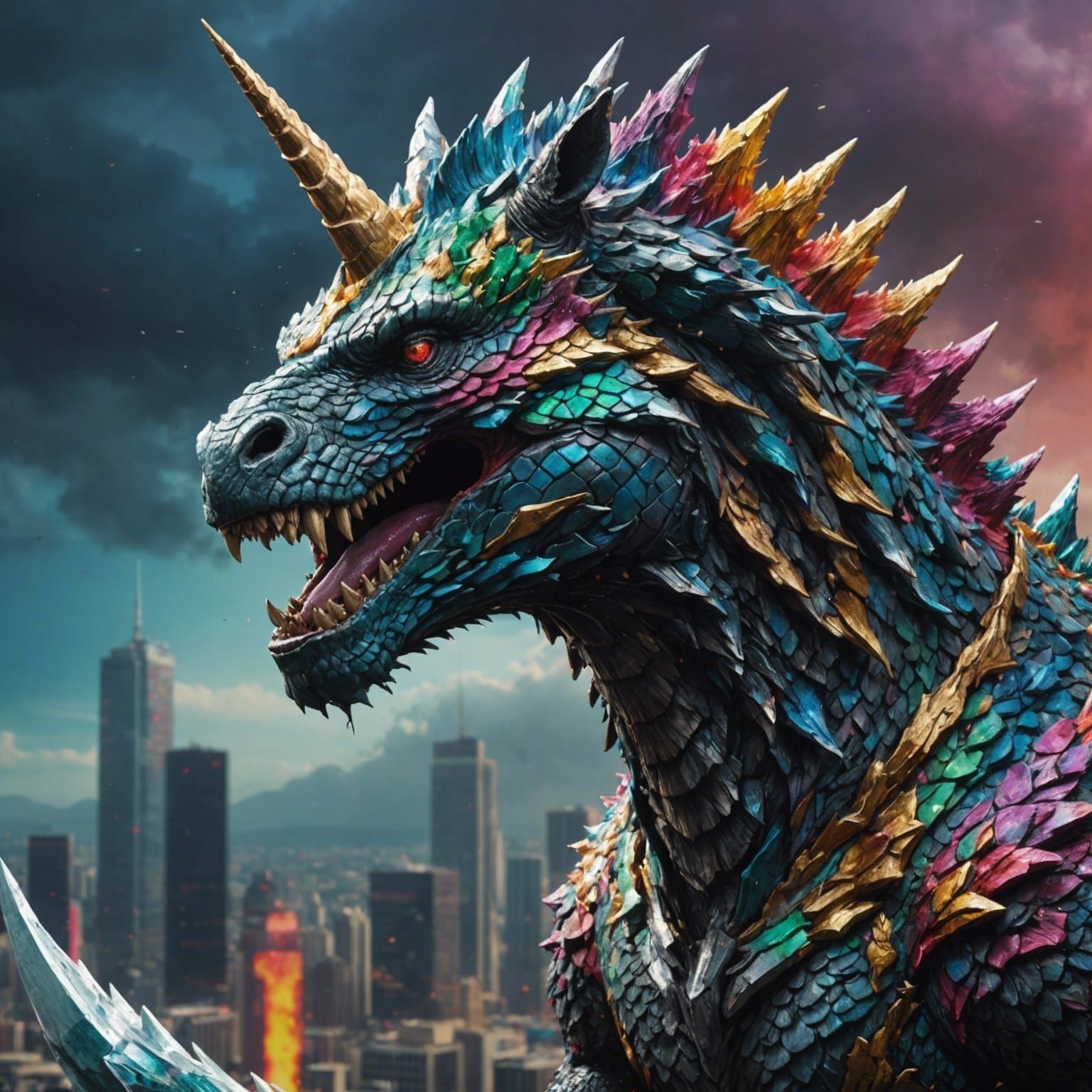 Hyperrealistic Unicorn Godzilla Splash Art
