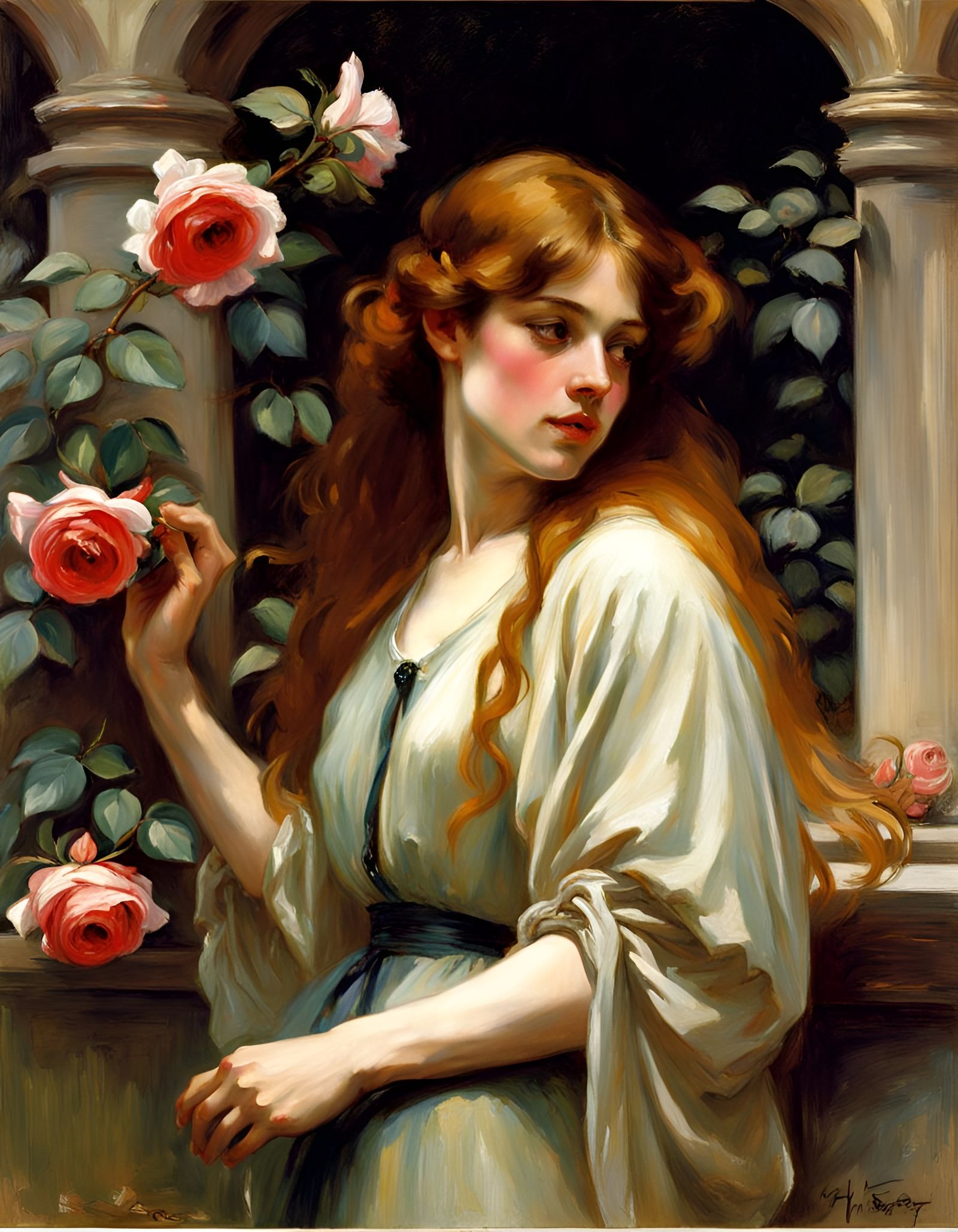 Romantic Portrait of Woman with Rose in Renaissance Style