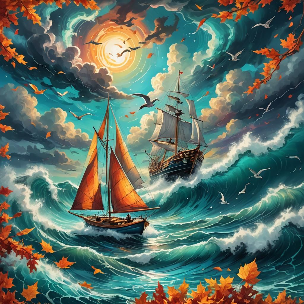 Cosmic Sailboat on Stormy Sea in Mixed Media Style