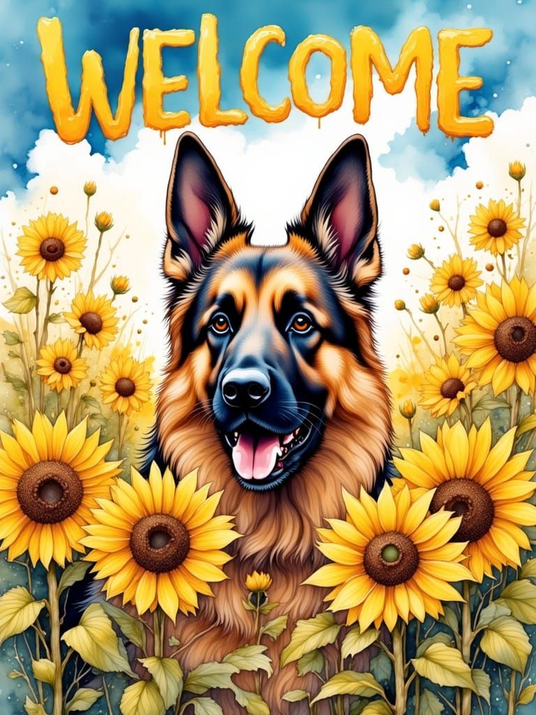 Majestic German Shepherd in Vibrant Sunflower Field