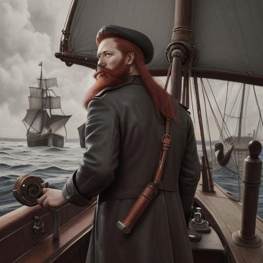 Red-Haired Sea Captain at Ship Wheel: Charcoal Drawing