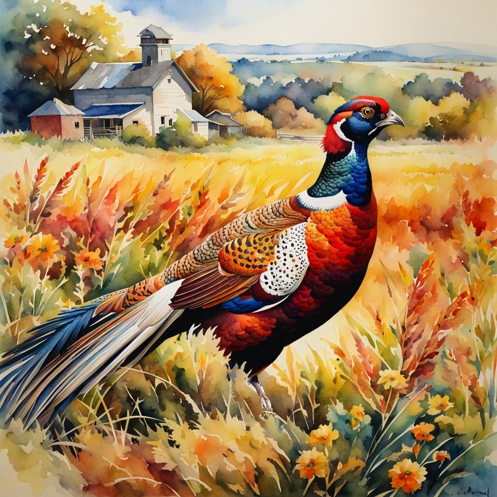 Colorful Pheasant in Field Watercolor