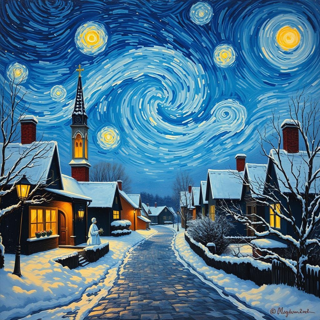 Impasto Snowy Village Under Twinkling Night Sky in Van Gogh ...