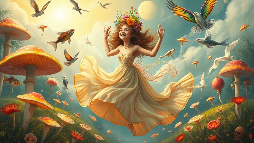 Whimsical Woman Dances in Dreamlike Landscape with Fantastic...