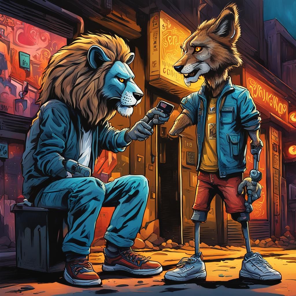 Cartoon Lion and Coyote Hacking in Vegas: Graffiti Art