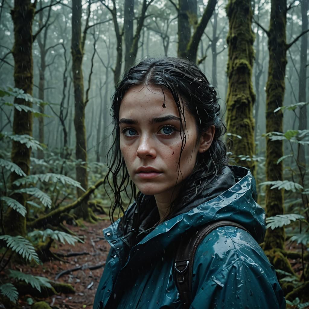 Sad Woman Walks in Rainy Forest: Cinematic Film Still