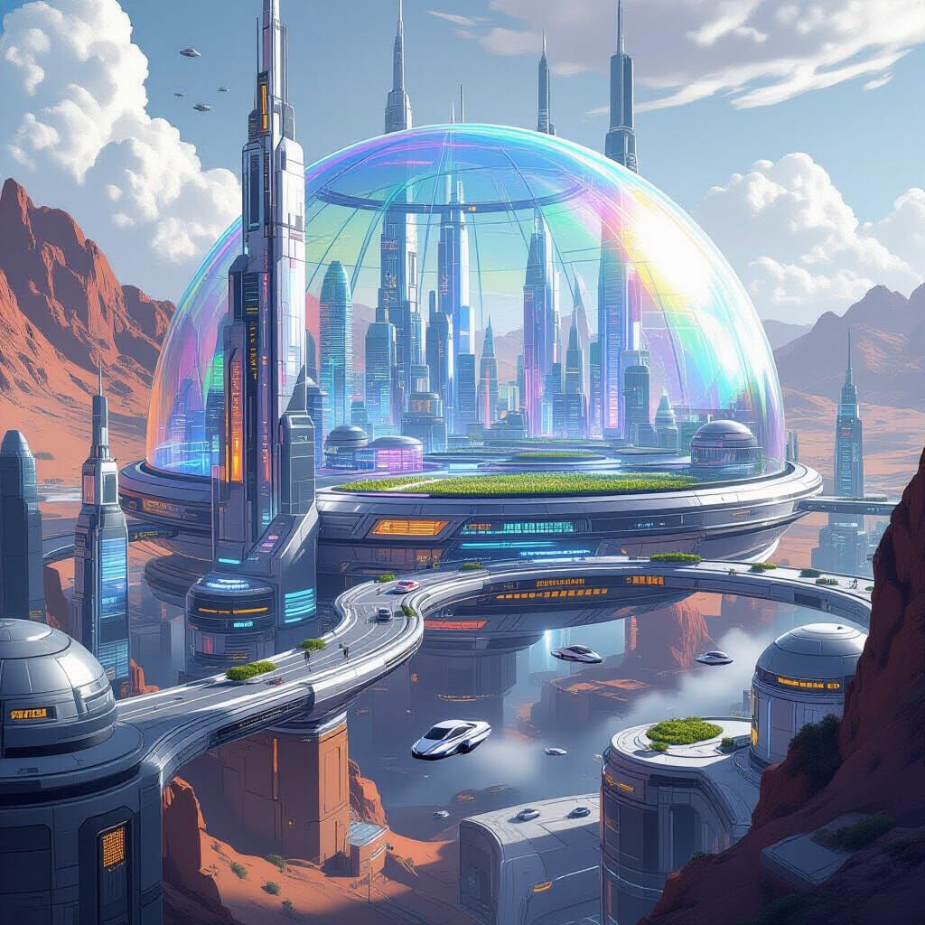 Futuristic Martian City Under Iridescent Dome