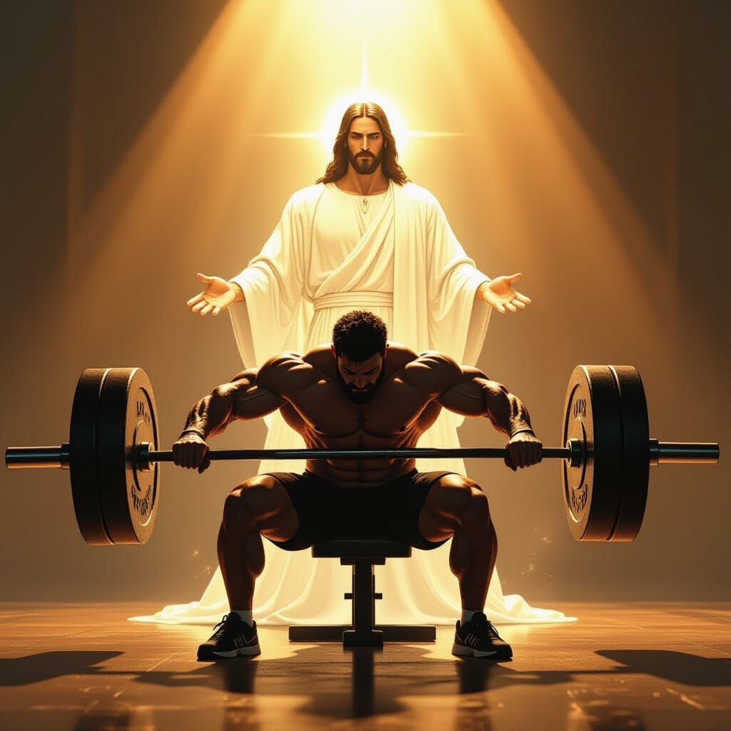 Jesus Aids Man Bench Pressing Immense Weight in Comic Style