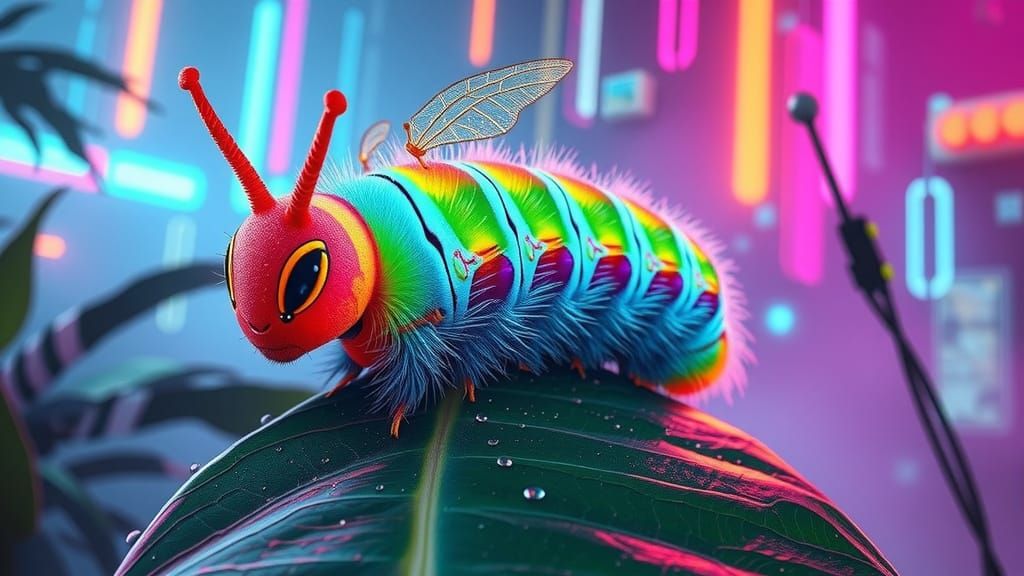 Iridescent Rainbow Caterpillar in Cyberpunk Metropolis