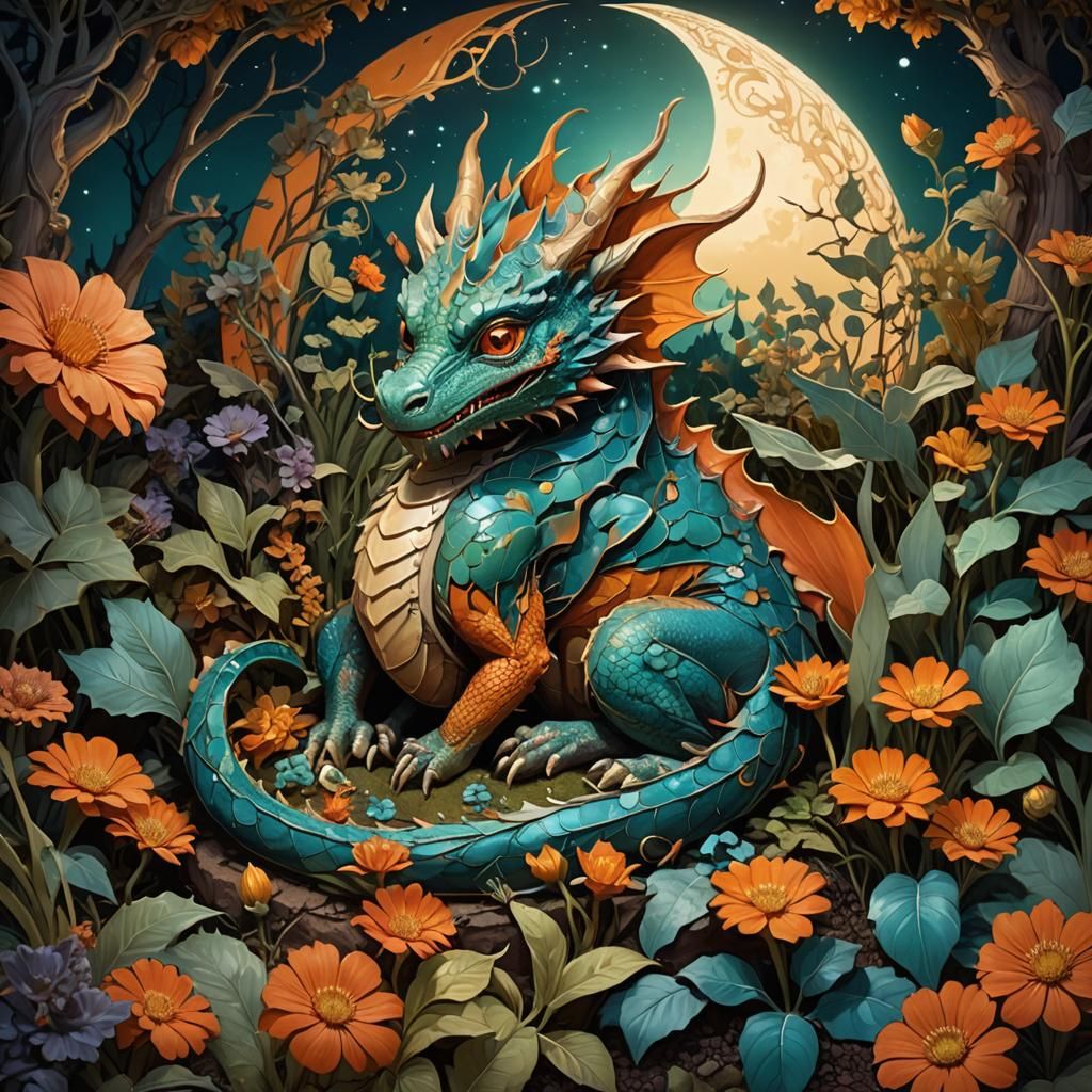 Baby Dragon Sleeping in Moonlit Garden