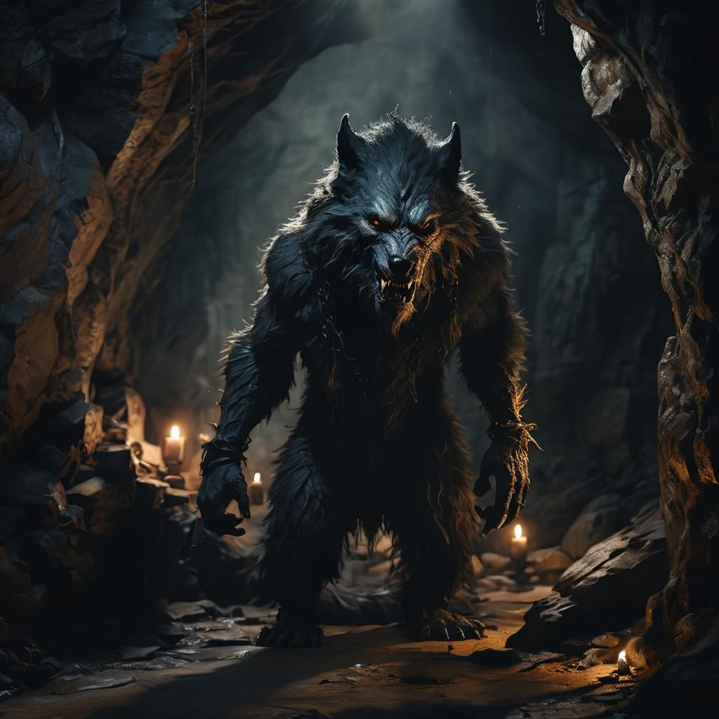 Werewolf Chained in Cave: Dark Fantasy Art