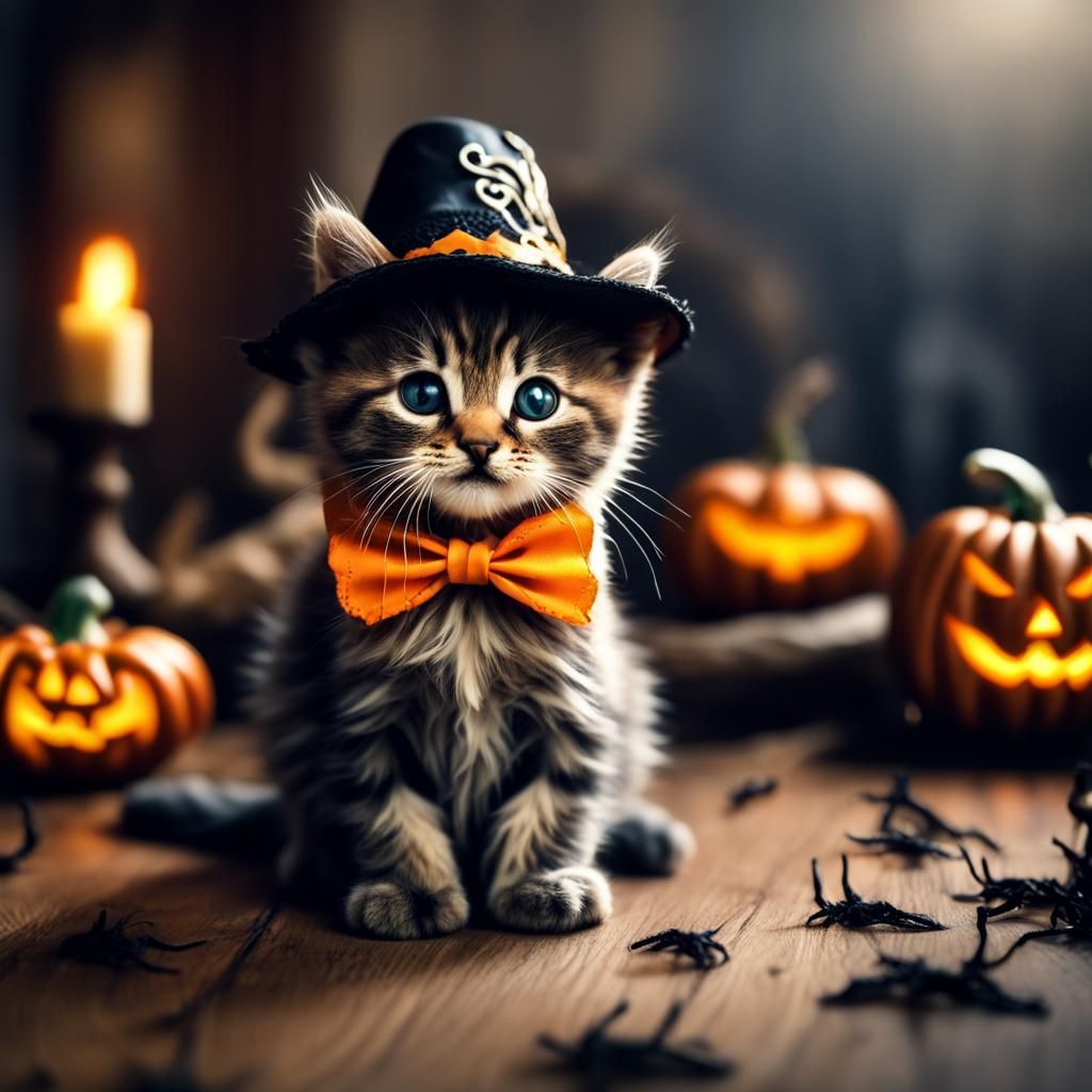 image of litte adorable cat, halloween scene