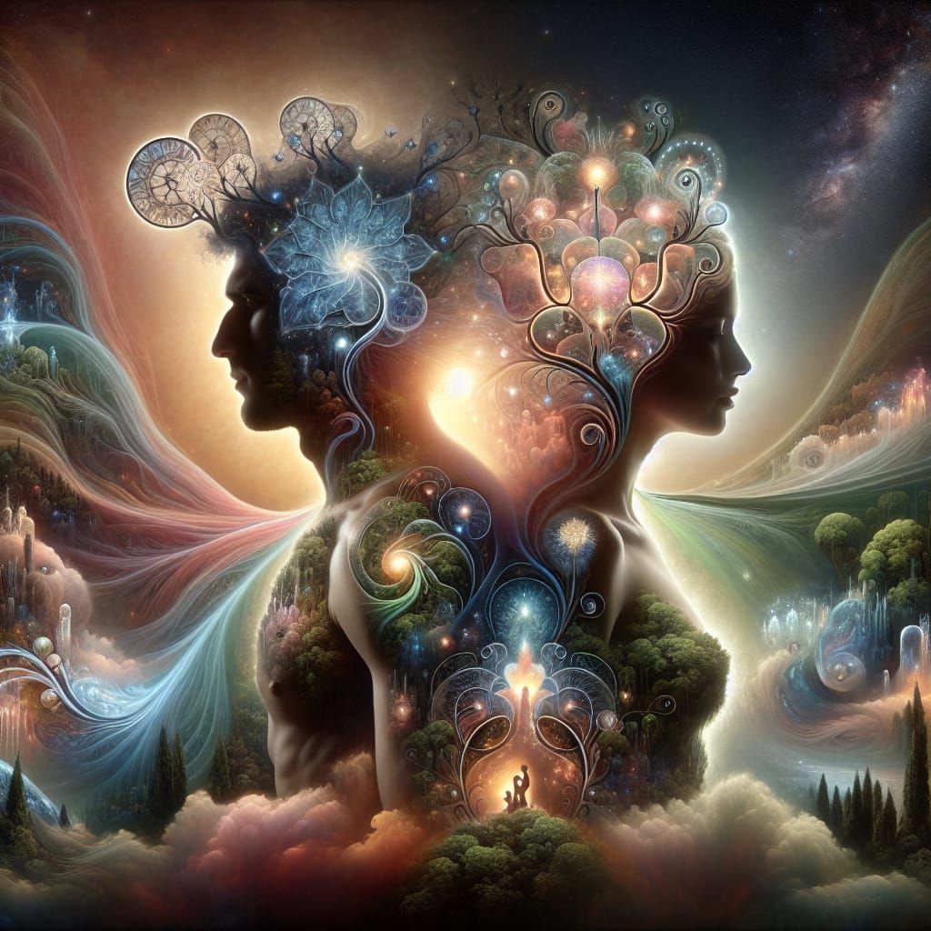 Ethereal Figures Intertwined in Surreal Mindscape